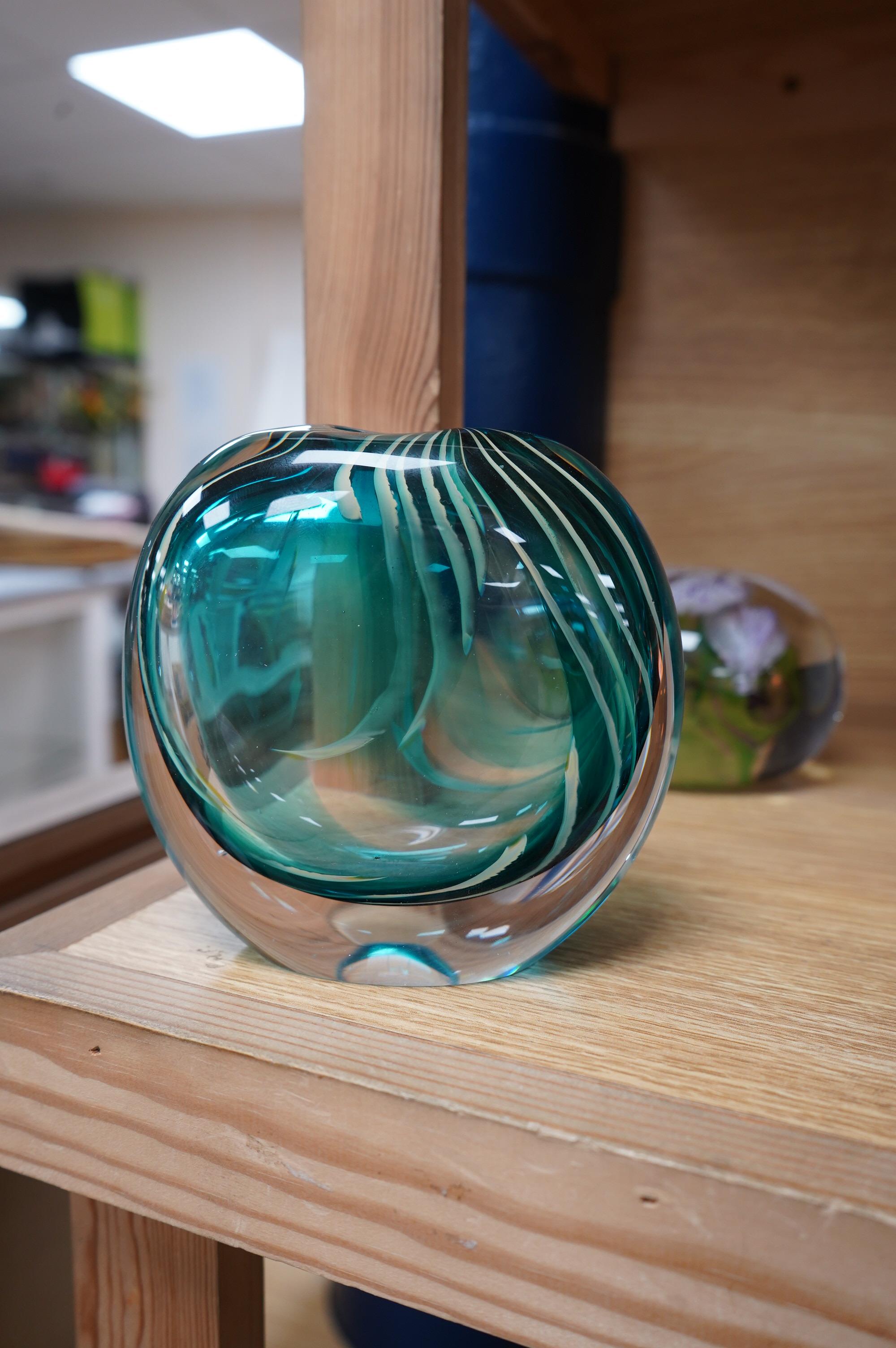 Two Siddy Langley glass paperweights and a contemporary glass vase, 12.5cm tall. Condition - good